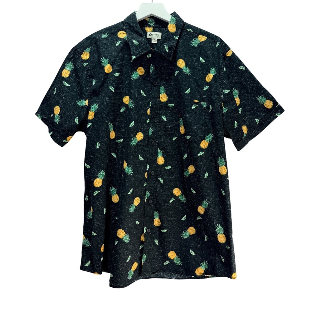 Haggar Button Up Shirt Mens XL Black Pineapple Tropical Aloha Summer Casual Top - Picture 8 of 8